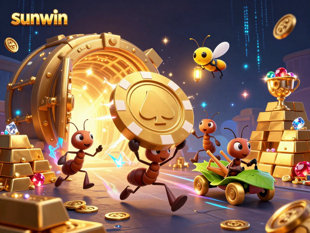Sunwin showcases a heist scene with ants and casino elements, perfect for gamblers seeking adventure.