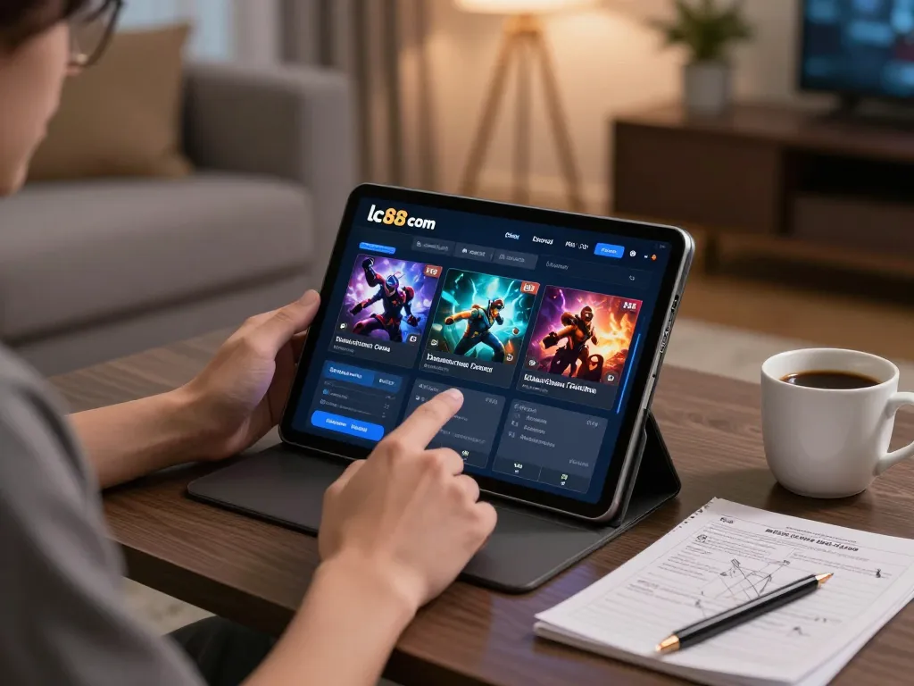 Engaging online gaming moment with lc88 com app on tablet, showcasing modern casino experience.