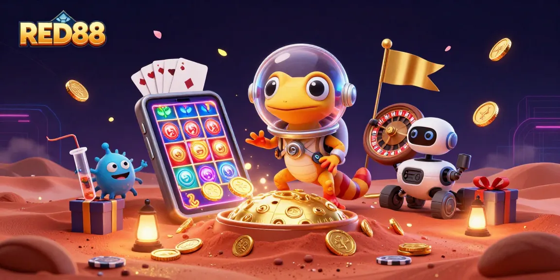 Experience the excitement of RED88 with a Martian gecko discovering a hidden casino amidst vibrant gaming elements.
