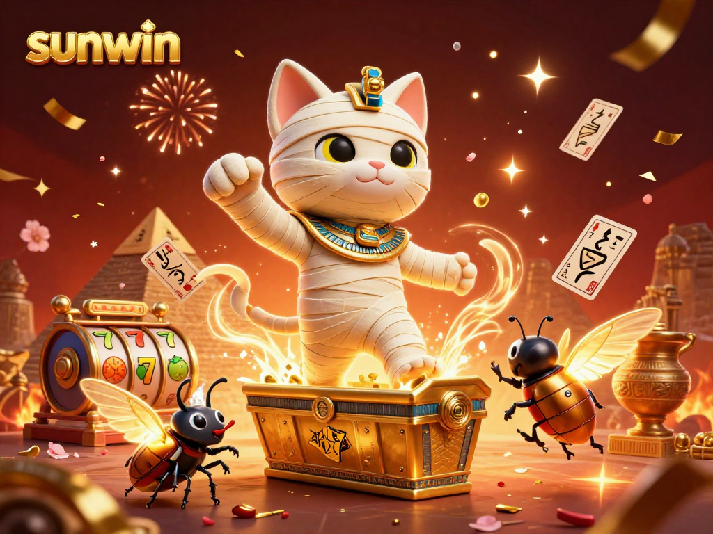 Win big at Sunwin with a vibrant 3D casino scene displaying a mummy cat and magical elements.