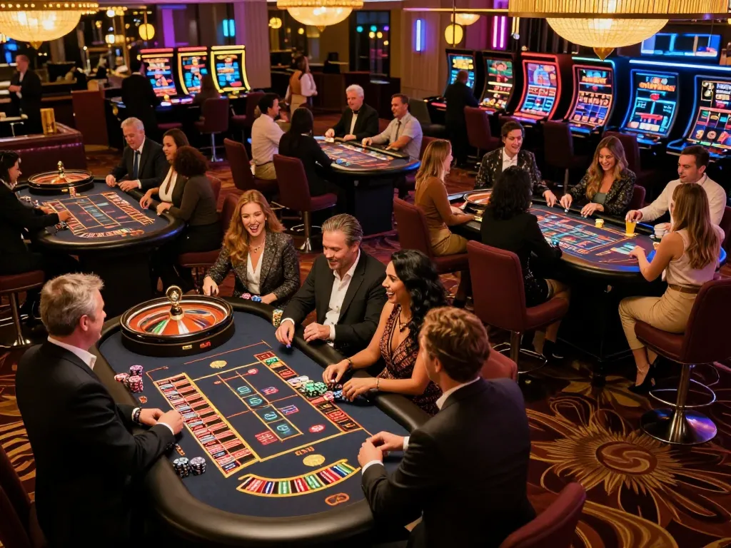 Excited players engage dynamically at DA88 roulette tables in a vibrant casino atmosphere