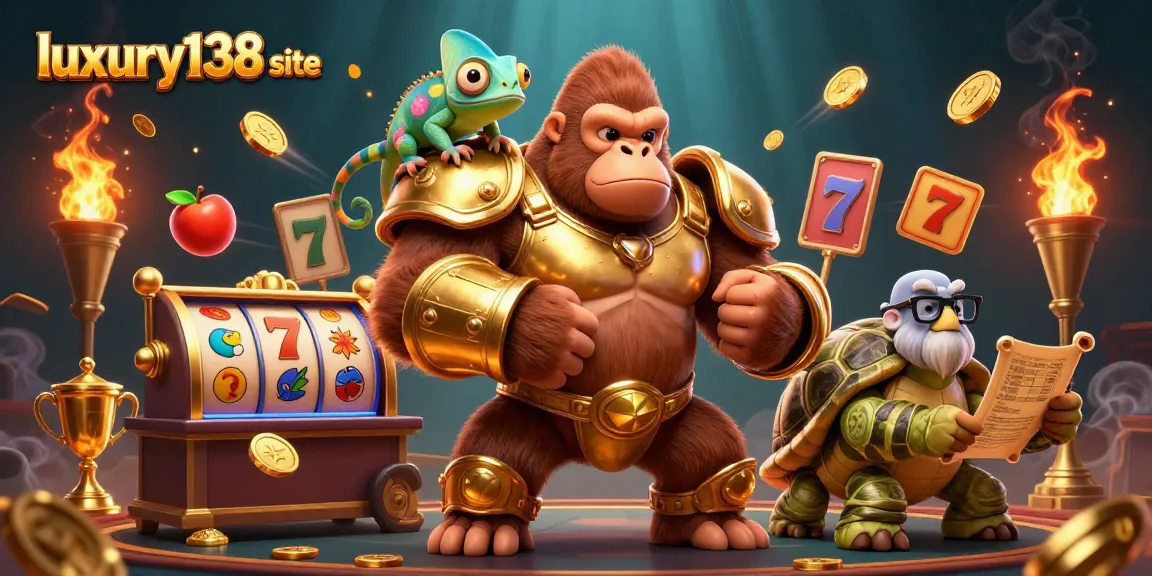 Experience the thrill of the luxury138 site with a dynamic casino scene featuring vibrant slot reels and a powerful gorilla character.