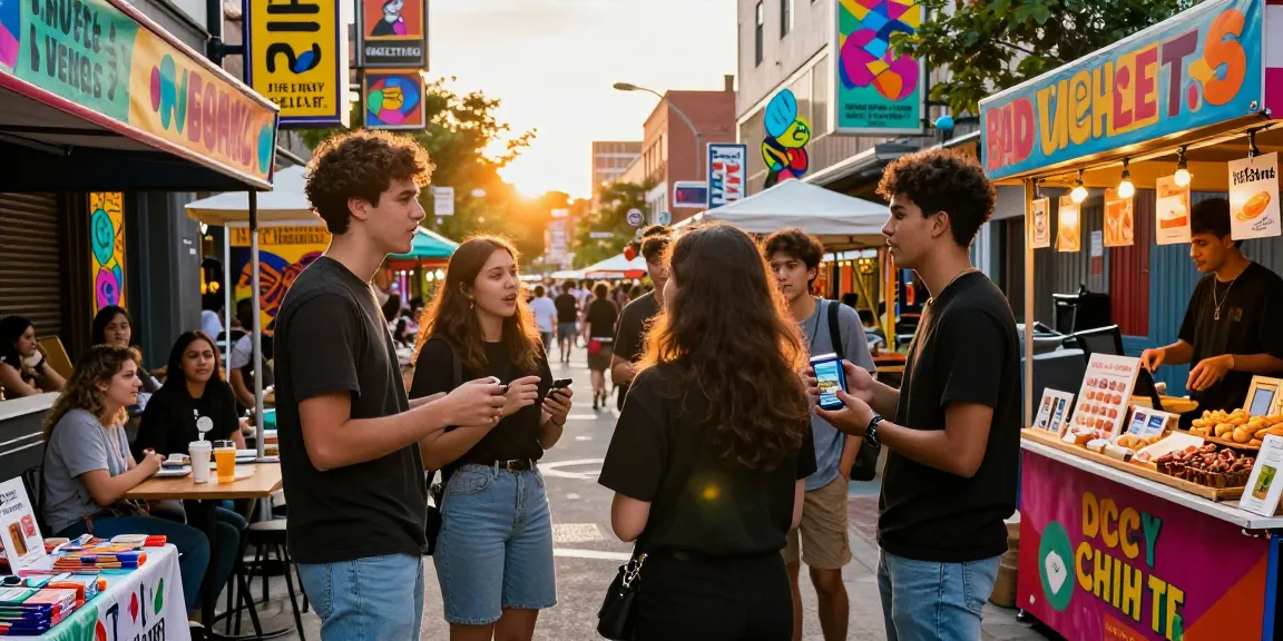 Engaging scene at a vibrant market showing young people discussing rokok88 slot lifestyle products with excitement.