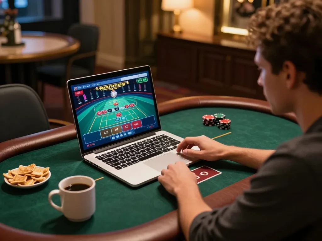 Engaging online gaming scene demonstrating tt88 lừa dảo awareness with a laptop showing live dealer game and strategic thinking.