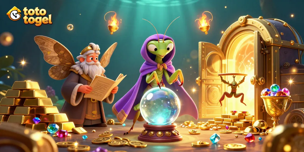 Experience thrilling excitement with toto togel, represented by a mystical scene featuring fortune-teller characters and treasure.