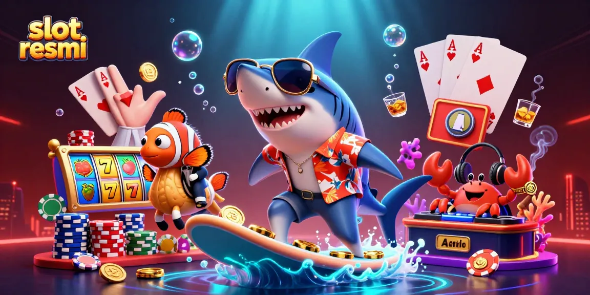 Engage in the vibrant world of slot resmi with a shark, clownfish, and crab surrounded by gold coins and slot reels.