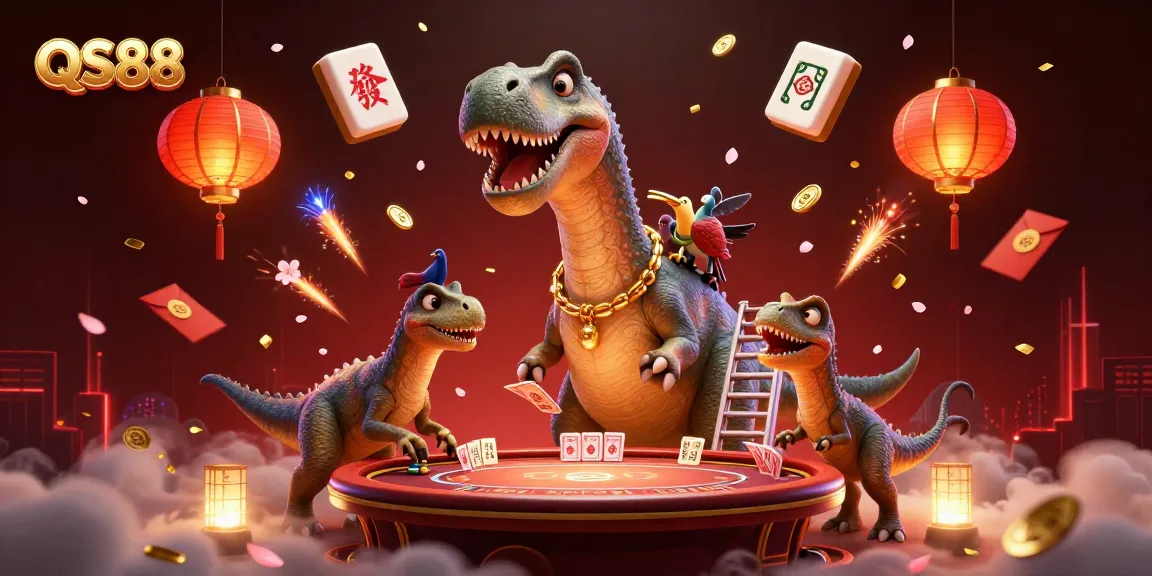 Experience excitement at QS88 with a giant brontosaurus overseeing thrilling card games, surrounded by vibrant casino elements.
