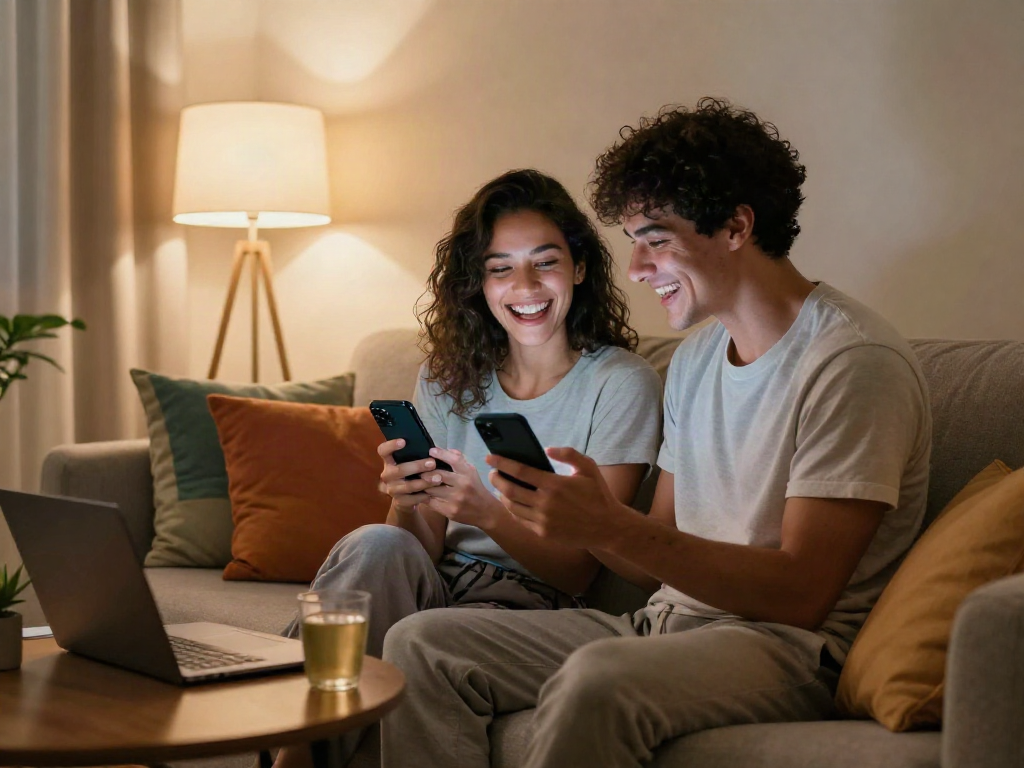 Couple enjoying sexting AI conversation on a cozy couch, enhancing intimacy and connection.