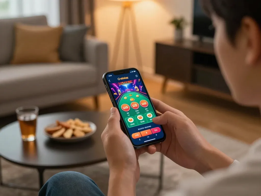 Engaging in online gaming at nhà cái uu88, a vibrant smartphone app interface displayed in a cozy home setting