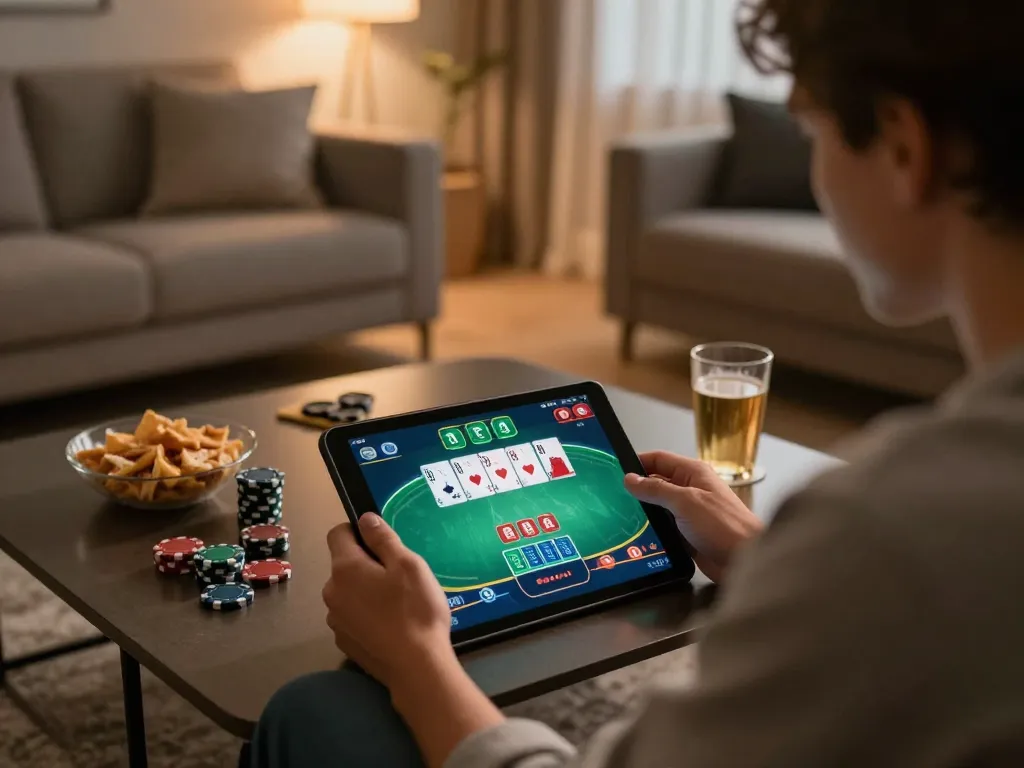Player using F8BET app for strategic gameplay in stylish home setting.