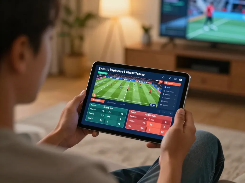Engaging live betting scene showing tỷ lệ kèo nhà cái hôm nay via tablet in a warm home setting.