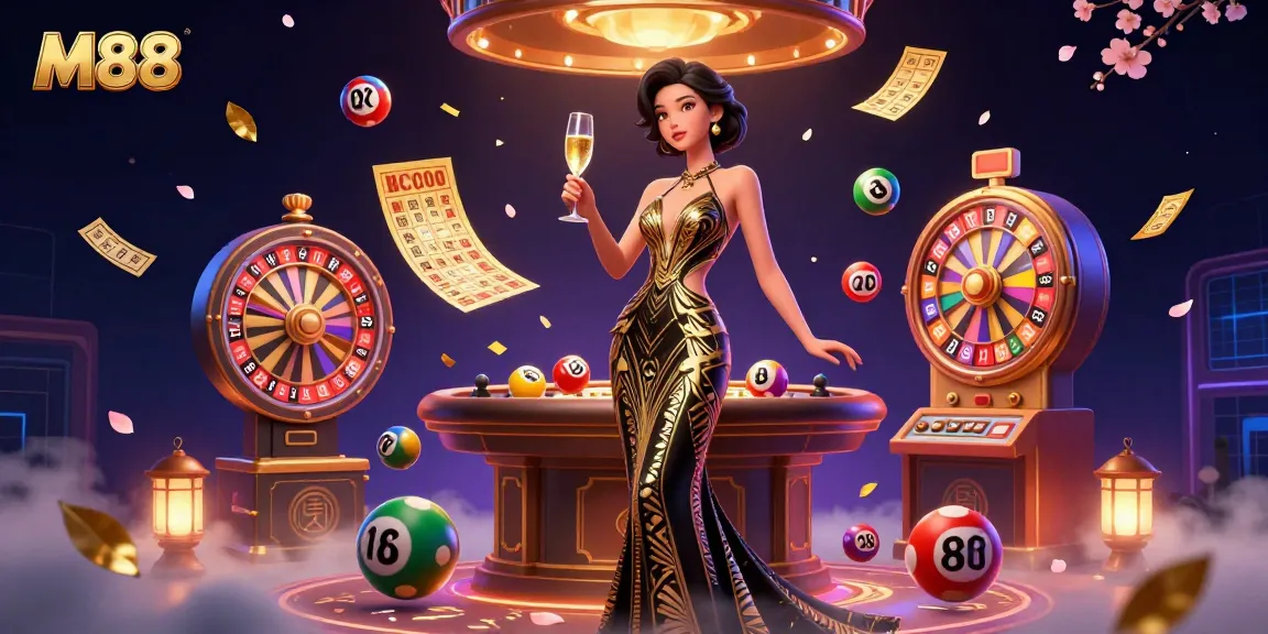 M88 Casino showcases an elegant woman enjoying a glamorous gambling experience with winning lottery balls and a vintage roulette table.