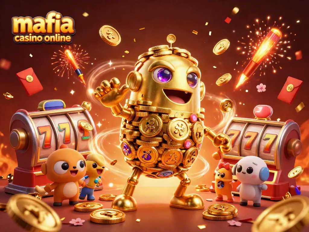 Experience the excitement of mafia casino online with vibrant slot reels and golden golems in this lively scene.