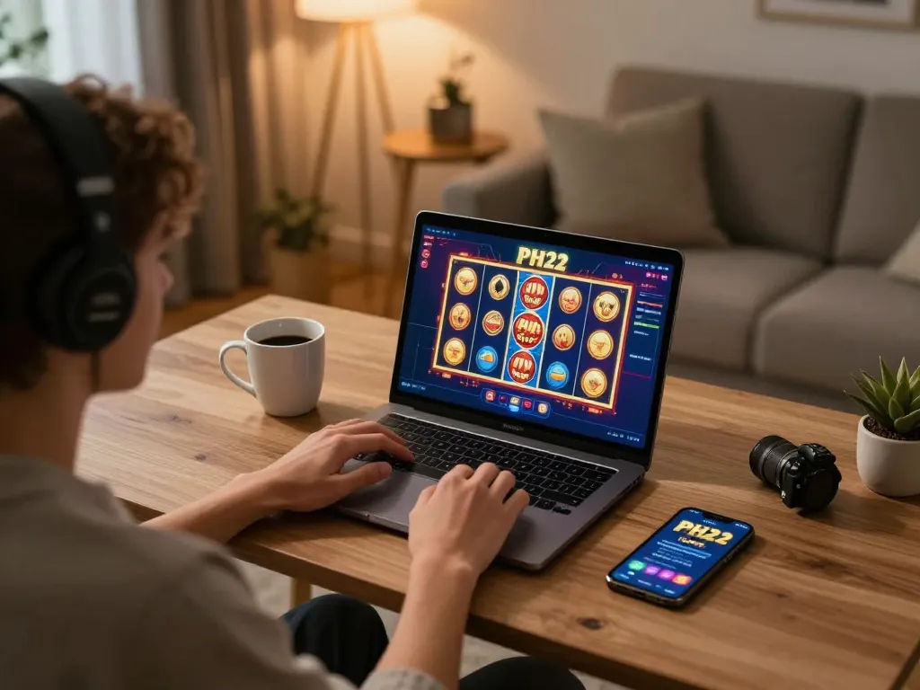 Engaging gameplay on PH22 platform for online slots in a cozy home setting.