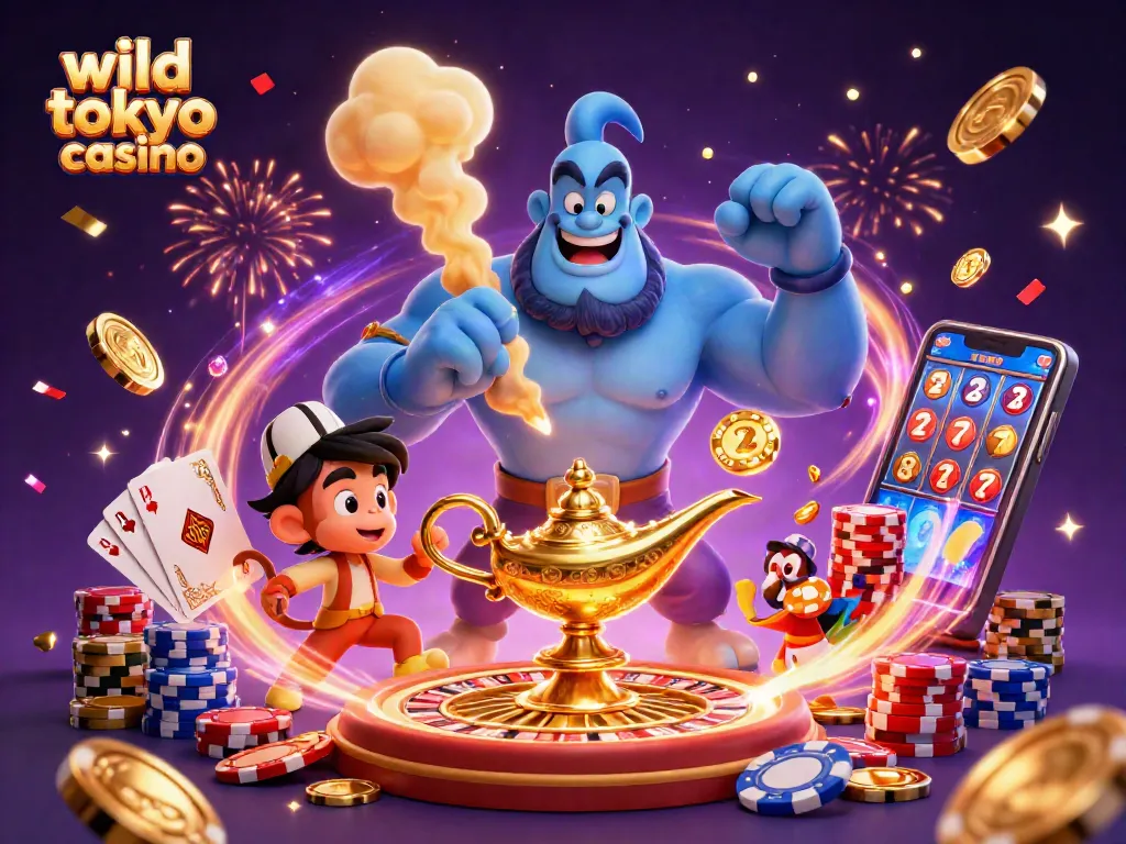 Experience thrilling gaming at wild tokyo casino with vibrant elements like poker chips and sparkling gems.