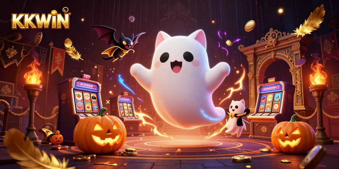 KKWIN's ghost cat ventures through a casino, complete with glowing pumpkins and vibrant game elements.