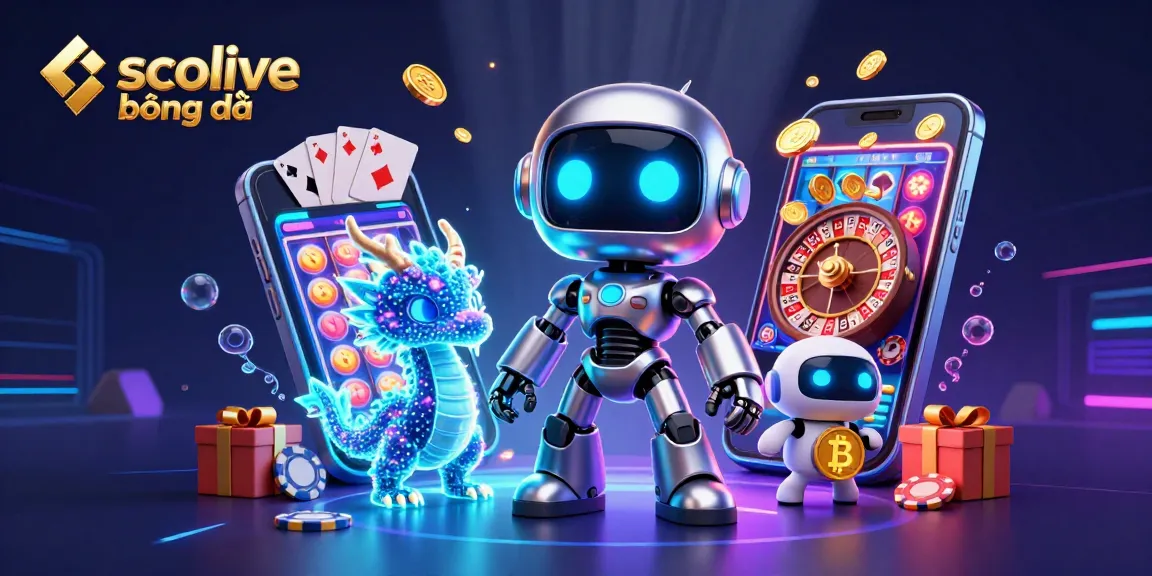 Socolive bóng đá stream with a robot mascot, holographic dragon, and drone, engaging in a vibrant betting scene.