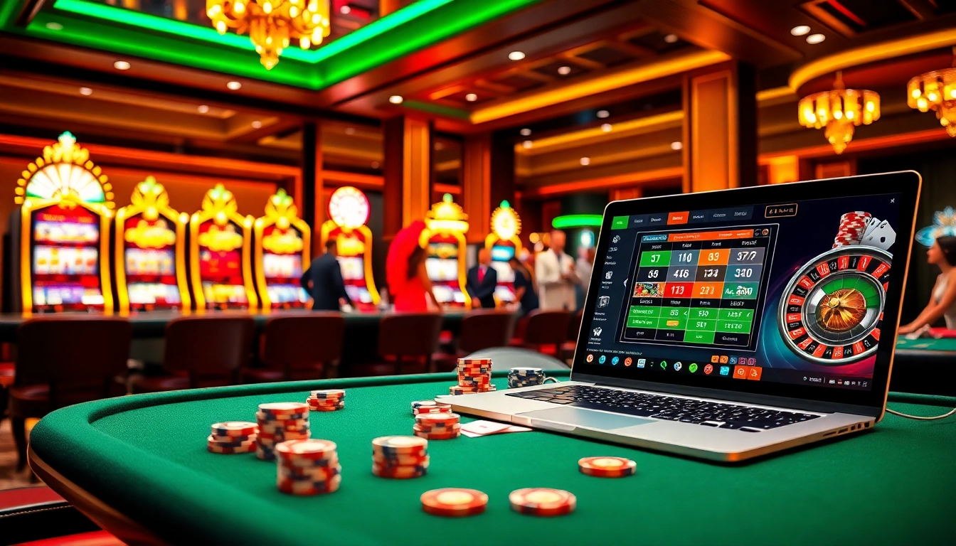 Exciting casino atmosphere featuring nhà cái lu88 with poker chips, roulette wheel, and vibrant slot machines.