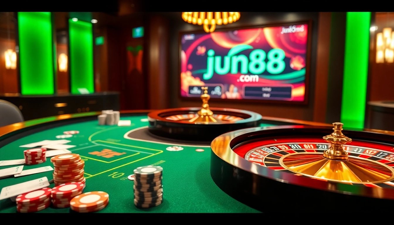 Experience excitement at jun88 com with a lively casino layout, featuring cards and chips.