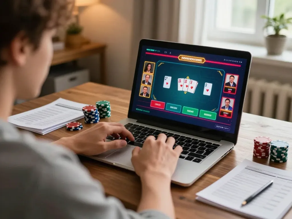 Person strategizing during an intense online poker game at F168bet, showcasing an engaging home gaming experience.