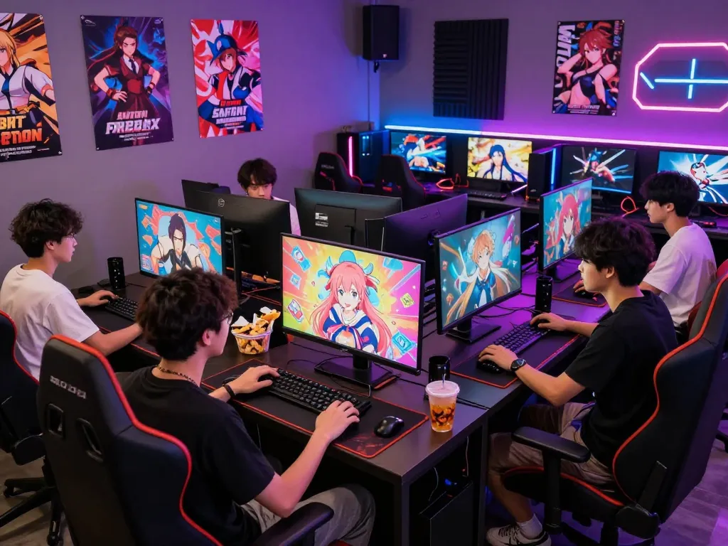 Young adults enjoying hentai games on multiple screens in vibrant gaming lounge.