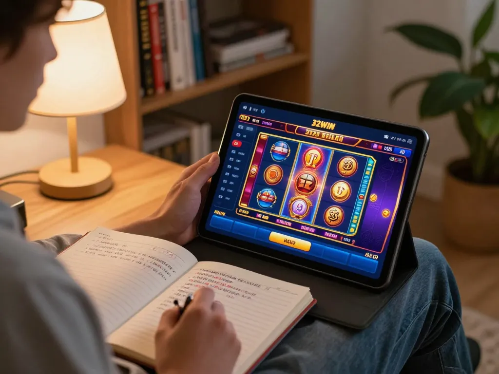 Experience the thrill of nhà cái 32win gaming on a tablet, showcasing engaging slot visuals and cozy settings.