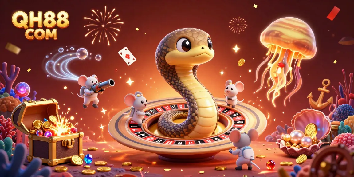 Engage with QH88 COM while playing, amidst gold coins and vibrant casino-themed characters.