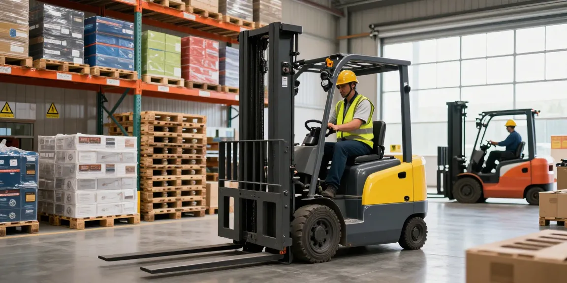 Electric lift stacker actively organizing pallets in a modern warehouse setting
