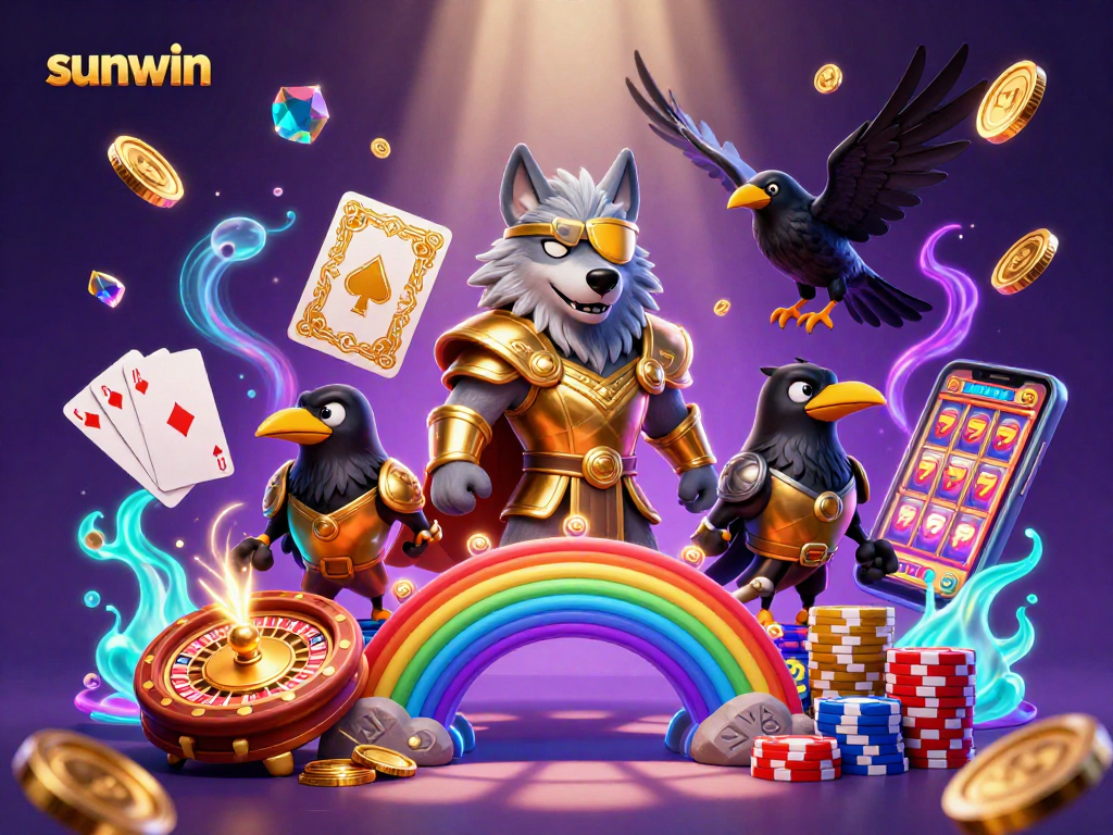Bet big with sunwin at a vibrant casino scene featuring Odin and his ravens, amidst a flurry of winnings.
