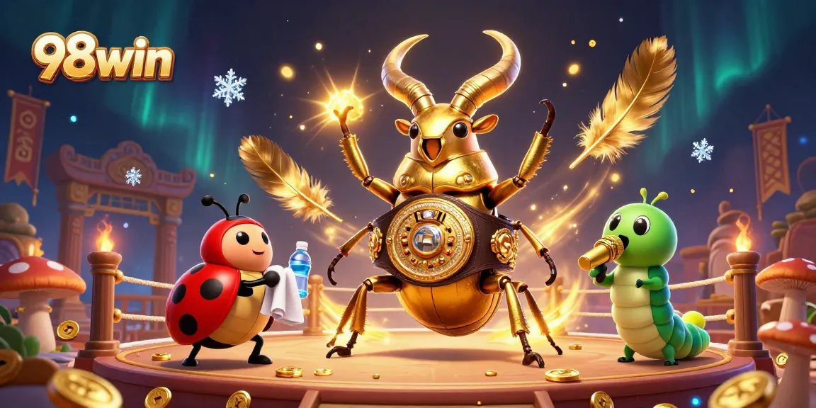 Engage in action with 98win featuring a giant beetle boxing match amidst vibrant casino elements.