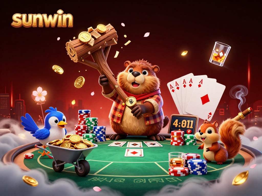 Sunwin brings excitement with a beaver winning coins while playing poker in a whimsical casino scene.