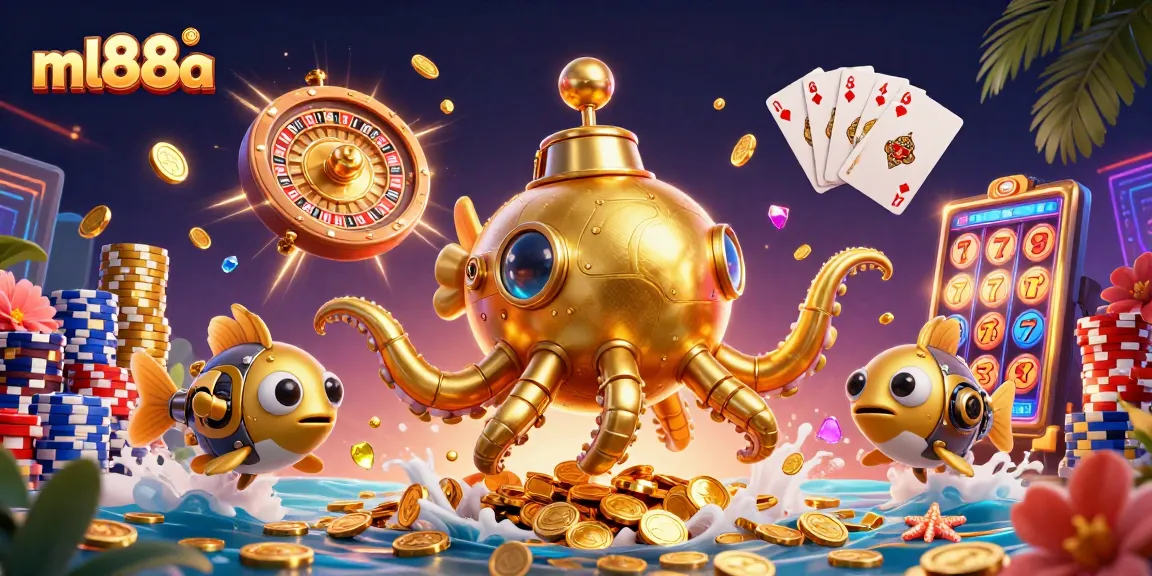Experience winning gameplay with ml88a's vibrant 3D casino illustration surrounded by golden coins.