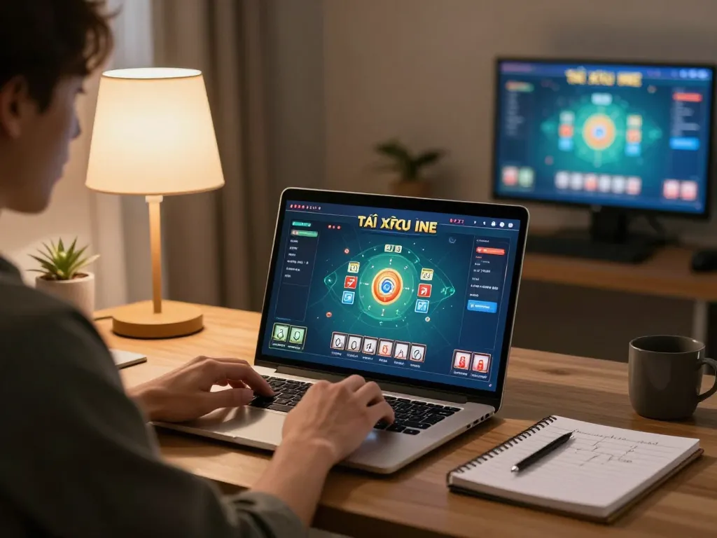 Tài xỉu online uy tín played on a laptop in a cozy home setting, showcasing responsible gaming.