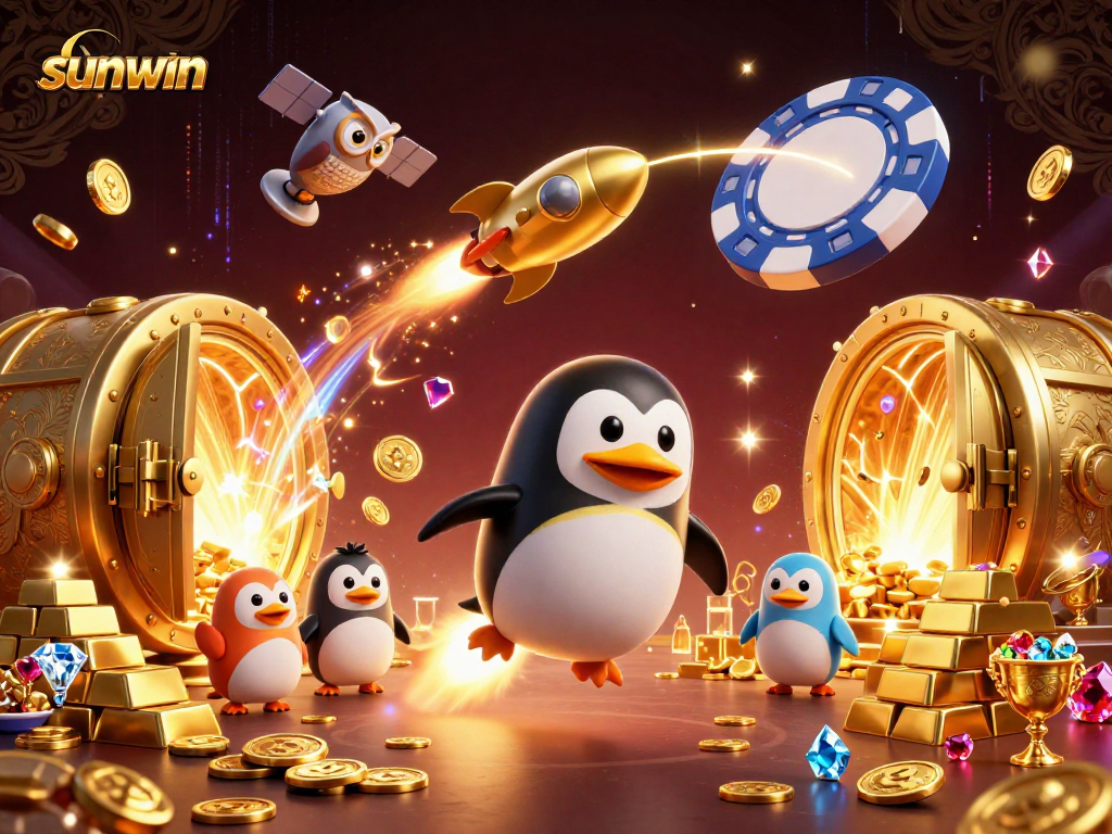 Immerse in the sunwin experience with a golden penguin and vibrant casino elements.