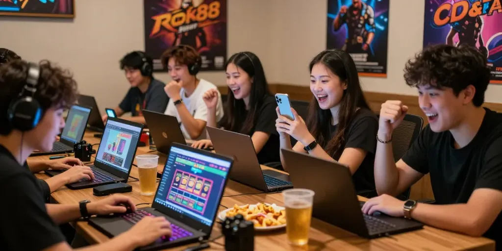 Engaging group enjoying rokok88 daftar gaming experience with vibrant visuals and snacks in a lively atmosphere.