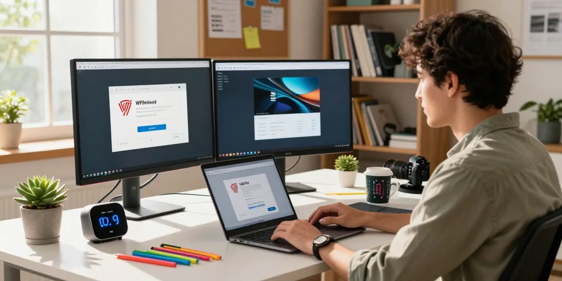 WPS Download scene in a modern home office with a professional using productivity tools on a laptop.