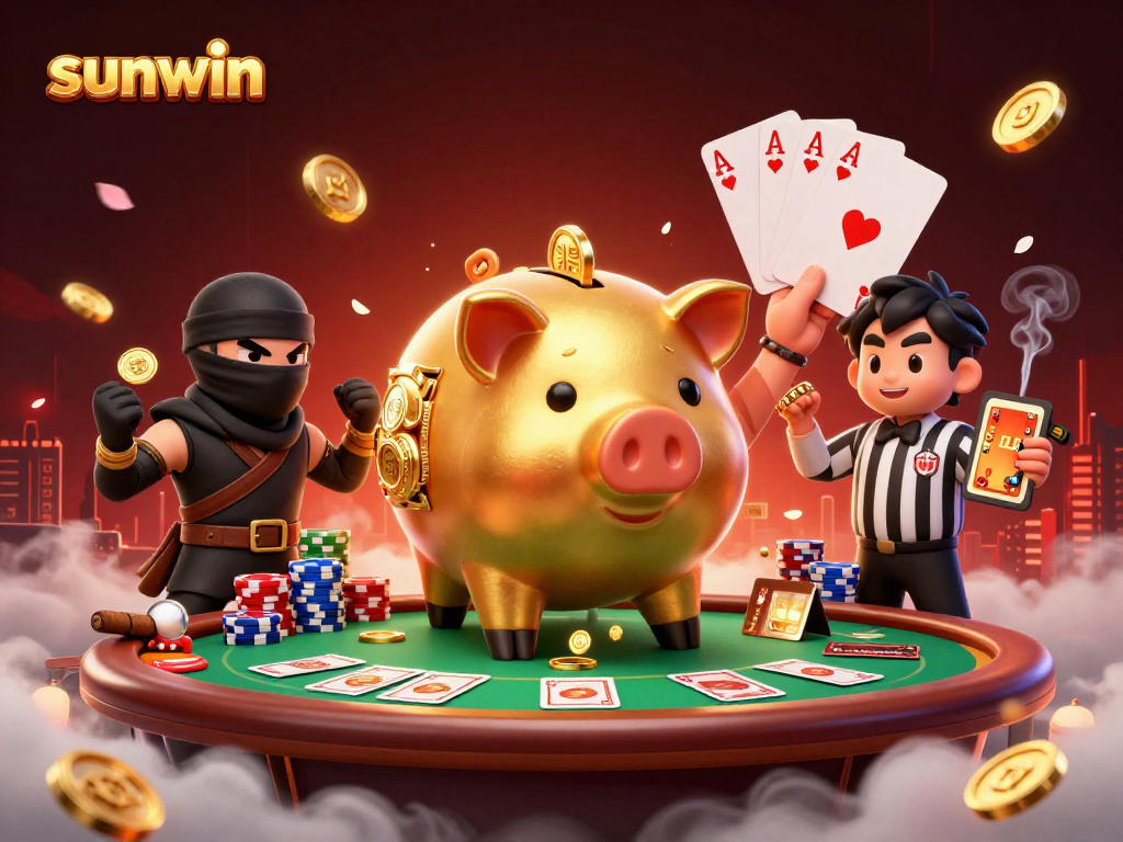 Engage with sunwin as the golden piggy bank sumo wrestler shakes coins in this exciting casino illustration.