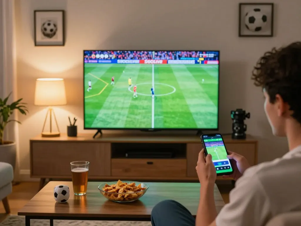 Socolive trực tiếp bóng đá experience featuring an excited viewer engaged with live soccer on TV and betting app