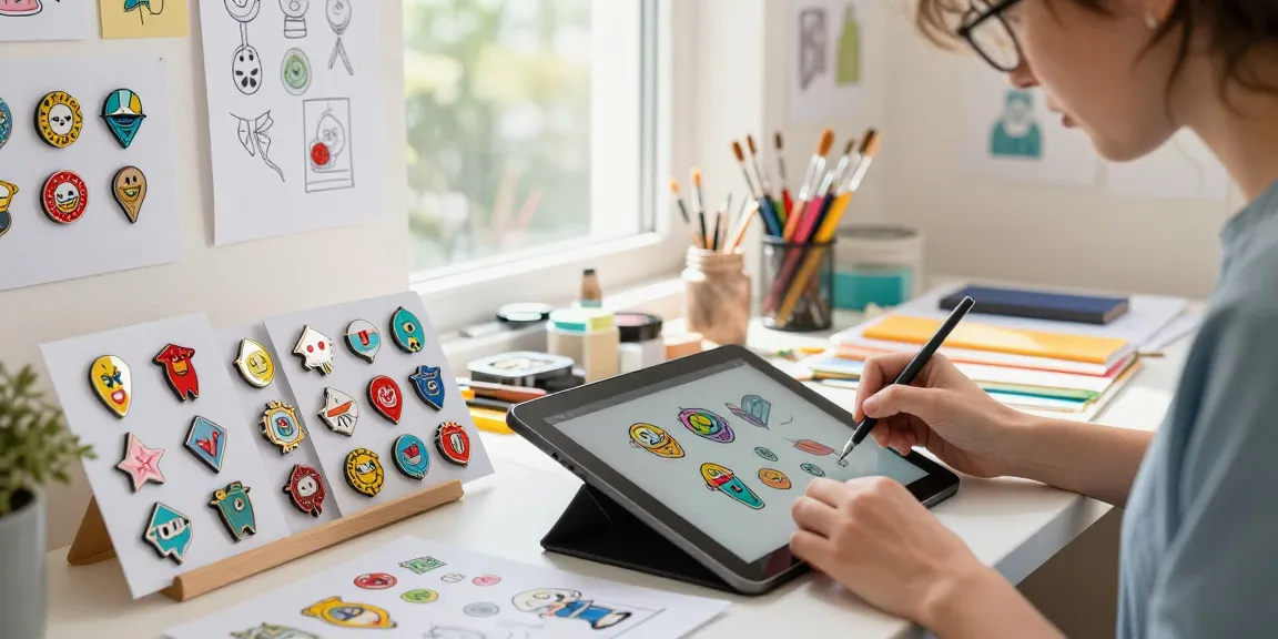 Custom pins designs on a digital tablet in an artist's studio, showcasing colorful creativity and artistry.