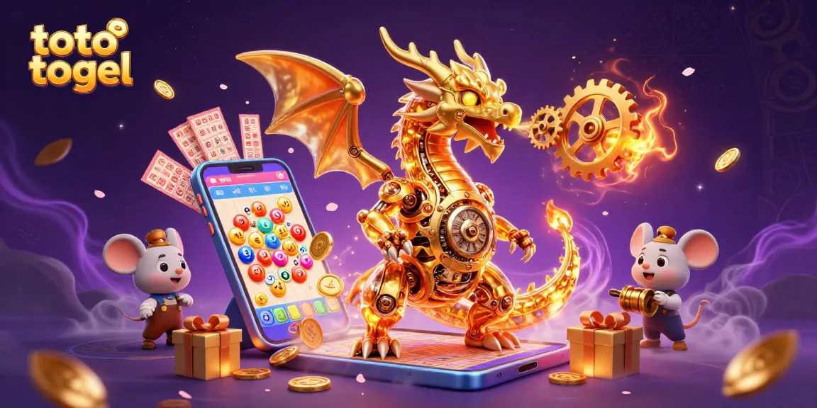 Engage with toto togel in a vibrant lottery scene featuring golden dragon, gameplay elements, and festive detailing.