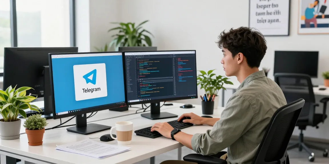 Telegram Download showcased in a vibrant tech workspace with a developer coding.