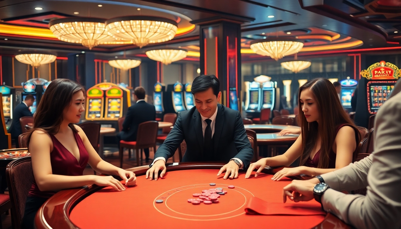 Experience thrilling gambling action at https://km881.com/, showcasing players at an exciting casino table.