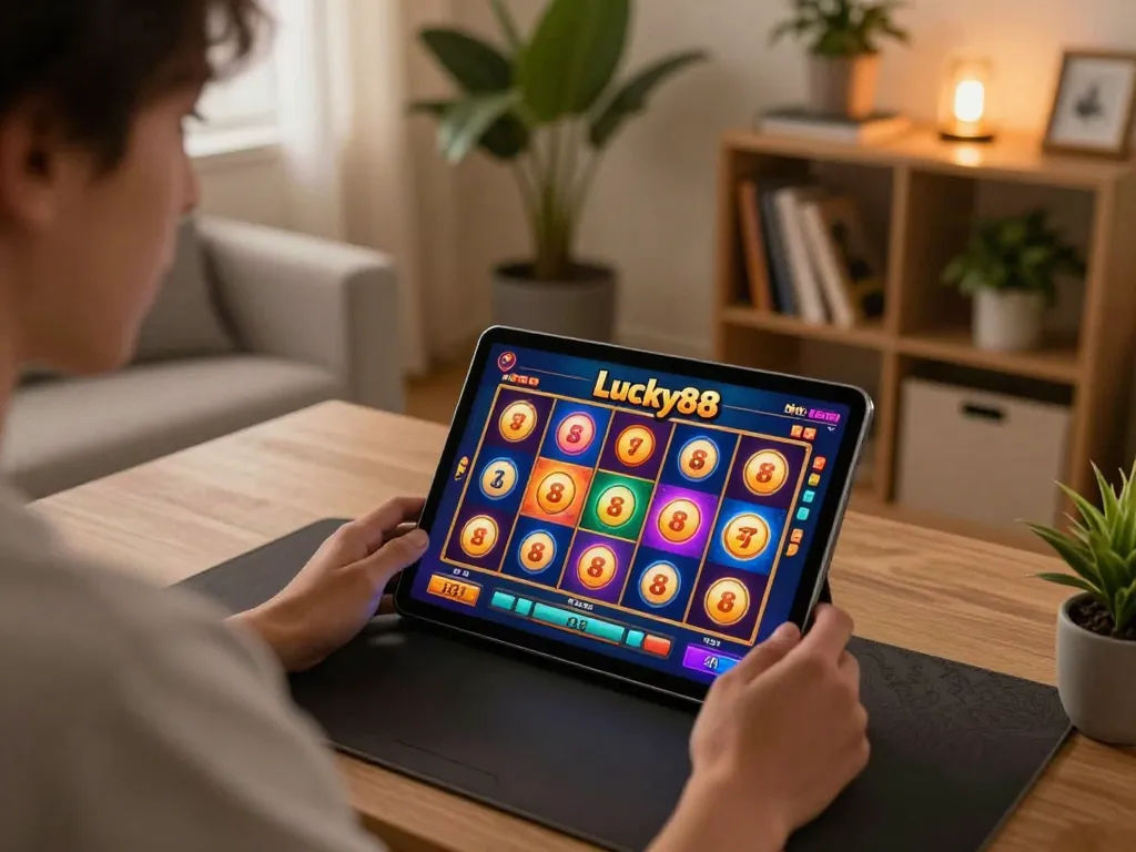Engaging in the LUCKY88 slot game on a tablet within a cozy home gaming setup.