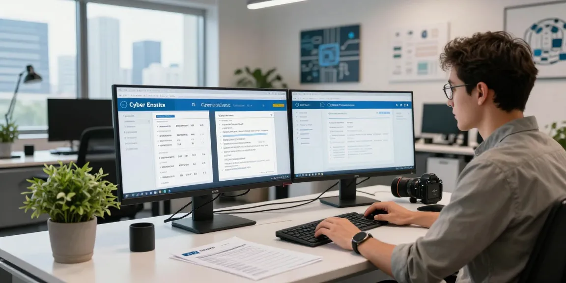 Cyber Essentials UK compliance technician working in a modern office.