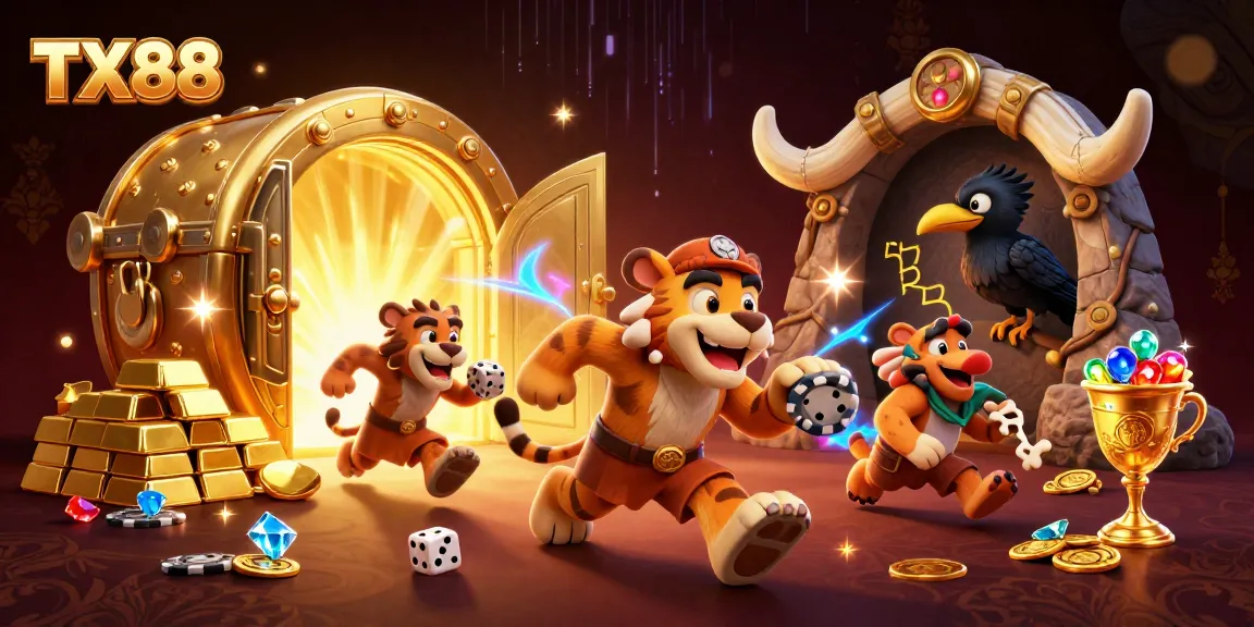 TX88 captivates players with a dynamic 3D casino scene featuring caveman and tiger duo amidst treasures.