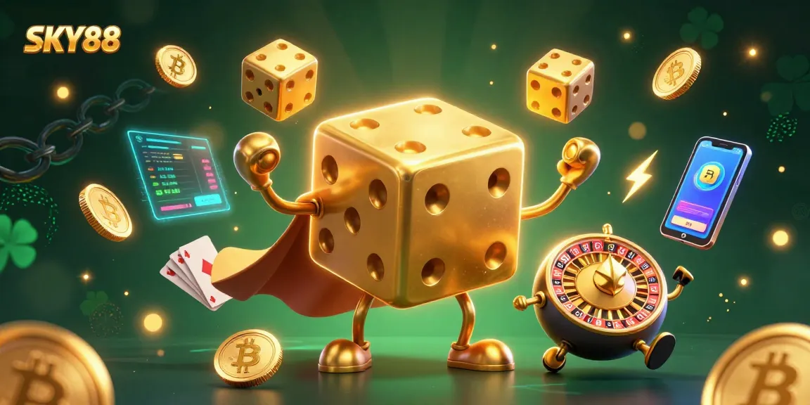 Experience thrilling gaming with SKY88's vibrant 3D casino scene featuring dynamic characters and cryptocurrencies.