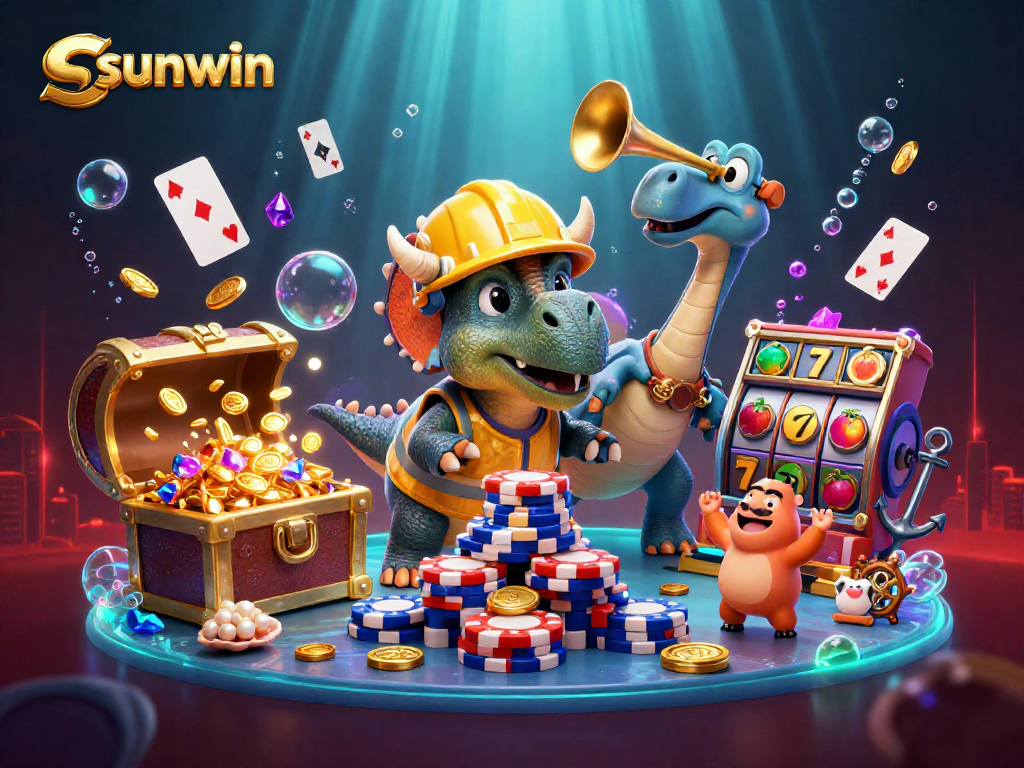 sunwin casino scene celebrates wins with dinosaurs building poker chip pyramids and playing cards.