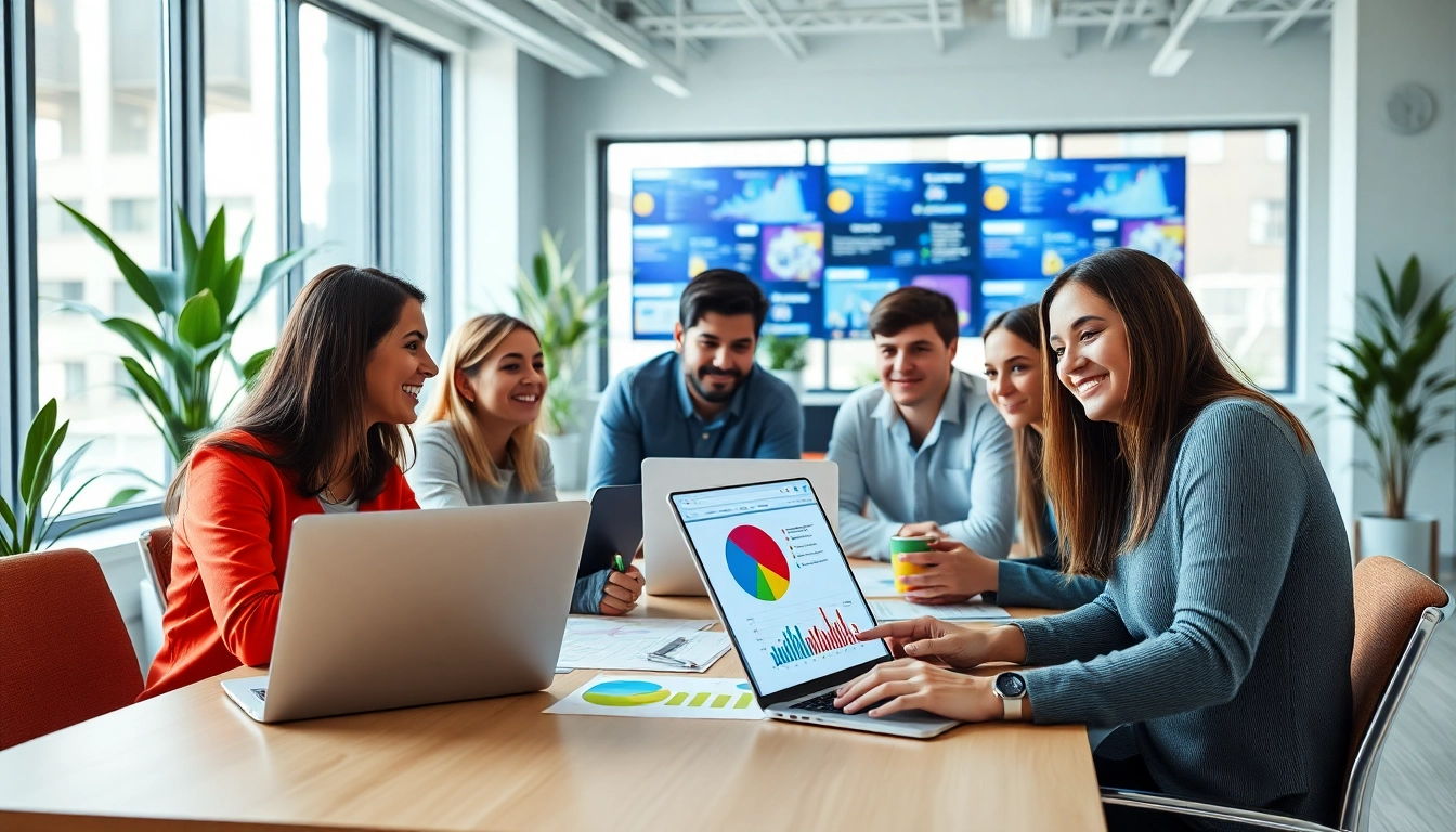 Marketing Agency team collaborating creatively in a bright office space.
