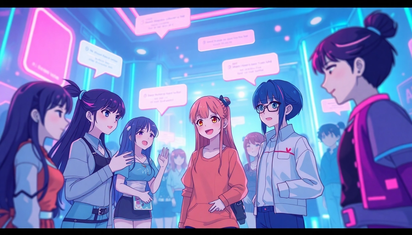 Engaging scene of hentai AI chat featuring animated characters and interactive dialogue bubbles.