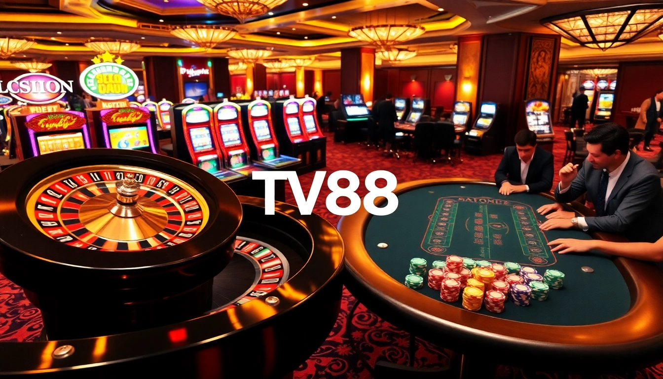 Players engaging in thrilling casino games at TV88, featuring a roulette wheel and poker tables.